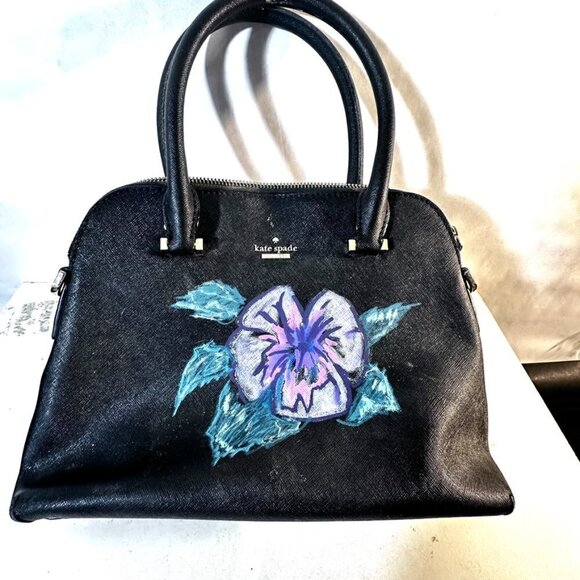 Kate Spade Bag Petunias Floral Handpainted Black Purple Flowers Clutch Upcycled - Picture 2 of 6
